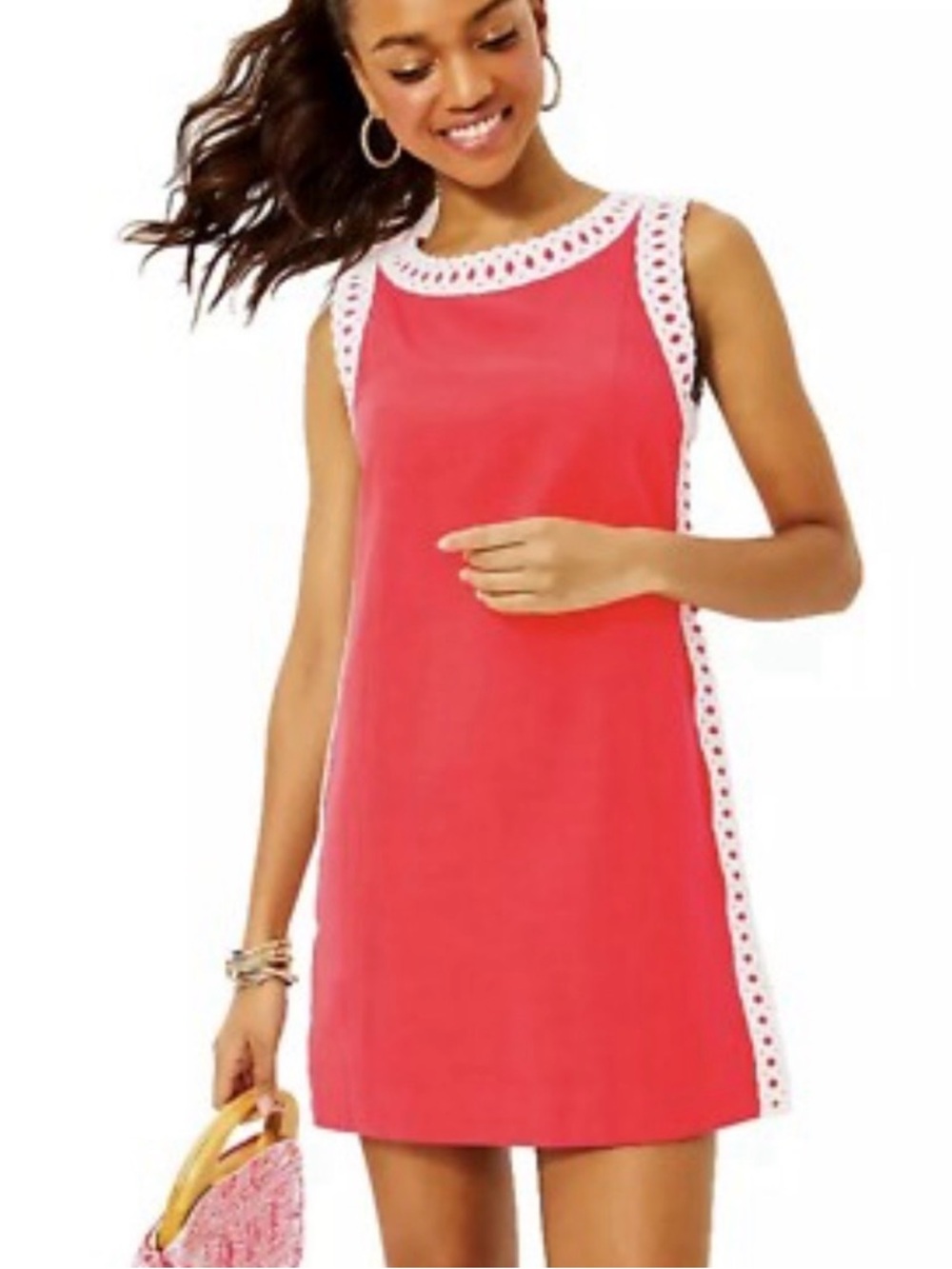Lilly Pulitzer Coral Pink Shift Romper with White Eyelet Trim like New size 4